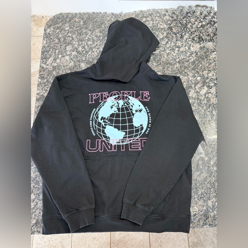 People United Black Hoodie with Blue Globe & Pink Text